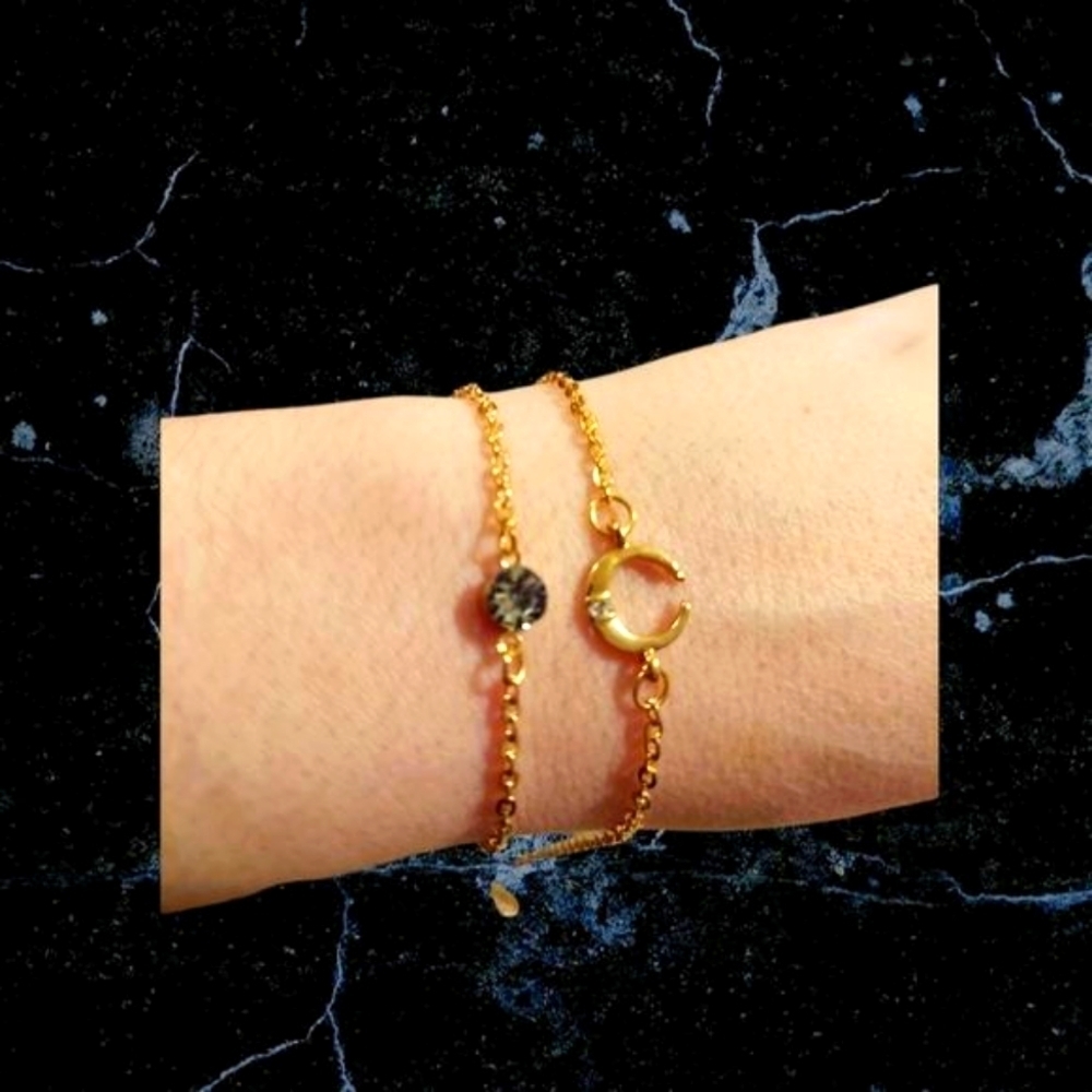 𝅺set of 2 gold chain bracelets Anklets Moon and rhinestone